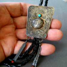 Old Native American Navajo Turquoise Coral Sterling Silver Heavy Stamps Bolo Tie picture