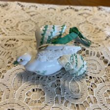 Vintage Marked White Irish Dresden Dove Bird Green  Accents Ornament 3” picture