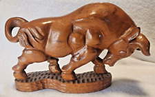 Vintage Large Charging Raging Bull Taurus Hand Carved Solid Wood Figure Statue picture