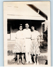 Vintage Photo 1940s, Proud Father, 2 Daughters, Matching Dresses, 3.5 x 2.5 picture