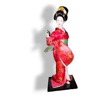 Japanese Porcelain Geisha Figurine With Silk Kimono & Wooden Plaque 12” Tall picture