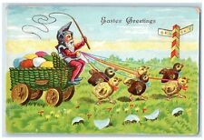 c1910's Easter Greetings Chicks Pulling Elf Gnomes Eggs Cart Hatched Postcard picture