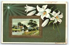 c1910 HAPPY EASTER LILLIES STAR SCENIC COTTAGE PEACEFUL EMBOSSED POSTCARD P328 picture