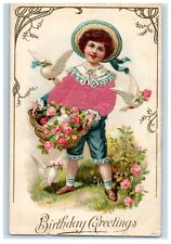 c1910's Birthday Greetings Girl Flowers Basket Dove Embossed Silk Felt Postcard picture