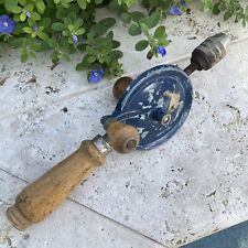 Vintage Antique 1940’s Manual Hand Drill  Solid Wood Handles Blue Metal Gears picture