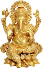 Mangalkari Ganesha Brass Statue Sitting On Lotus Base Height 12.5 Inches picture
