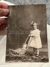 Darling Antique Victorian Photo Of Little Girl With Oilcloth Face Doll Stroller picture