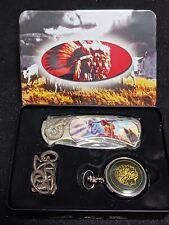 Collector Pocket Knife & Pocket Watch Set In Display Tin. Warrior & Wolf Scene  picture