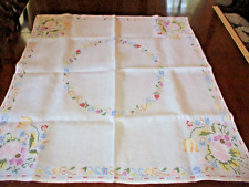 Ivory Linen tablecloth/topper w/multi-color floral embroidery 34