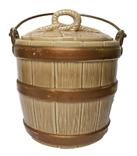 Vintage McCoy Cookie Jar Bucket or Barrel Pattern with Faux Rope Lid, brown & go picture
