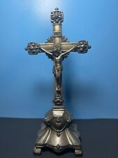 Antique Cast Metal Crucifix Alter Freestanding Ornate Legs 11 1/4” H Silver Tone picture