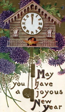 C1910 Cuckoo Clock Purple Chrysanthemum Flower Embossed Joyous New Year Postcard picture