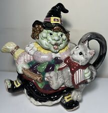VINTAGE FITZ AND FLOYD PORCELAIN HALLOWEEN GYPSY WITCH W/ CAT TEAPOT DECOR 1992 picture