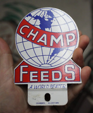 1950s CHAMP FEEDS STAMPED PAINTED METAL TOPPER SIGN FARM SEED FEED CORN WORLD picture