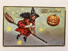 Halloween Tucks 183 Girl Witch On Broom, JOL Watching Embossed  1911 Postcard picture