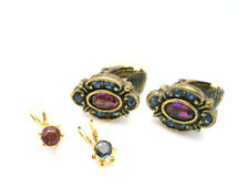 Earrings Faux Ruby Sapphire Victorian Vintage 80s Matching Facet Stone Pendants picture