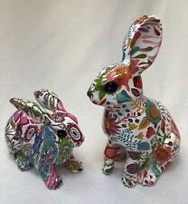 Lot Of 2 Whimsical Floral Decoupage Resin Bunny Rabbit Figurines COTTAGECORE picture