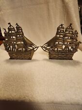 Pair Brass Nautical Old English Sailing Ship Bookends Heavy Vintage picture