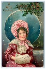 1910 Merry Christmas Woman Handwarmer Berries Gel Gold Gilt Mankato MN Postcard picture