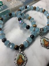 Elastic Rosary Beaded Glass Blue Catholic Cats Eye Bracelet 6-7in. picture