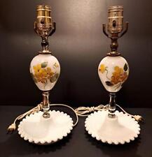 VTG Milk Glass Globe Boudoir Table Lamps Yellow Floral Hobnail Base Set Of 2 picture