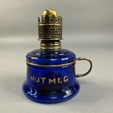 Antique Miniature NUTMEG Oil Lamp Embossed Finger Hold Cobalt Blue NO CHIMNEY picture