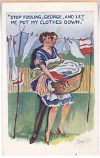COMICAL LOVERS WOMAN HANGING CLOTHES LOVERS ARTIST SIGNED  VTG POSTCARD picture