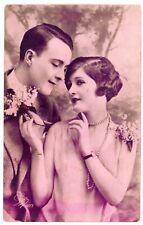 Vtg RPPC Photo Pink Tint Postcard 1912 Young Woman & Man Portrait Leo Paris picture
