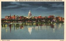 Postcard WI Madison Wisconsin State Capitol by Night 1935 Linen Vintage PC H1875 picture
