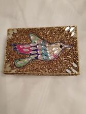 Beaded hand painted jewelry trinket box gold sparkly bird accent 6