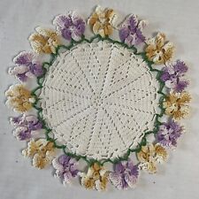 Hand Crochet Vintage Pretty Pansy Doily 5911 Diamond Purple Yellow  9” picture
