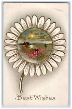 c1910's Best Wishes White Sunflower Sea View Boat Embossed Antique Postcard picture