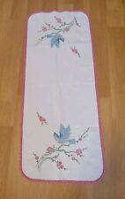 Vintage Linen Hand Embroidered Birds  Flowers Dresser Scarf Table Runner  38x16