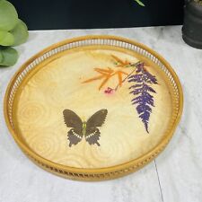 Vintage Butterfly Vanity Tray 1970’s Rattan Pressed Flowers & Pressed Monarch picture