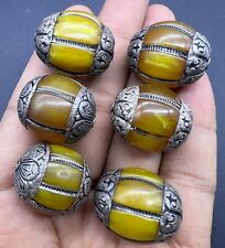 Tibetan Himalayan Antiquités Rare Ancient Natural Amber With Pure Sliver 6 Beads picture