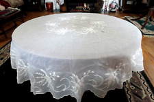 VINTAGE ORGANDY LINEN EMBROIDERED ROUND TABLECLOTH 64
