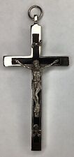 Vintage German 4” Crucifix Cross Skull Crossbones Metal Ebony Wood Inlay Pendant picture