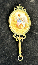 Antique Miniature Hand Mirror - Hand Painted Porcelain Beveled Mirror Chatelaine picture