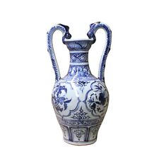 Chinese Blue White Porcelain Flowers Graphic Dragon Handle Vase ws1096 picture