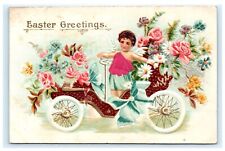 Embossed Easter Postcard Child in Antique Auto Car 1908 Flowers C7 picture