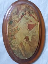 ANTIQUE vintage art work on wooden plate young lady in grape garden Rome style  picture