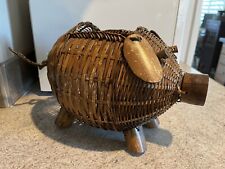 Vintage Wicker Hand Woven Pig Planter Basket Open Top Bamboo Legs Curly Tail picture