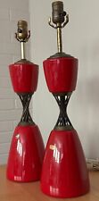 Vintage Pair Red Ceramic Metal HAEGER Lamps Mid Century MCM Modern Lighting 60s picture