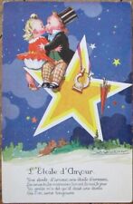 Mauzan Artist Signed 1920s Art Deco Postcard, Children Kissing on Star of Love picture