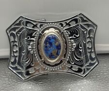 Unique Silver Tone Western Style Blue Oval Stone Belt Buckle Great Wardrobe Acc picture