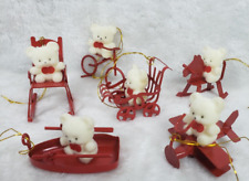 6 VINTAGE Chadwick Fuzzy Teddy Bear Christmas Ornaments Red Metal bases  1988 picture