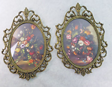Pair Vintage Floral Pictures Made in Italy Oval Convex Glass Brass Ornate Frame picture