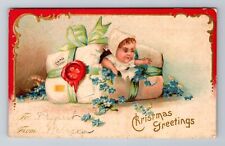 Christmas Greetings, Child Coming Out Of Present, Embossed, Vintage Postcard picture