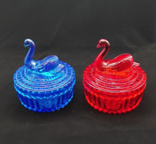 LOT OF 2 Vintage Jeannette Glass Swan Powder Box, One Blue and One Red picture