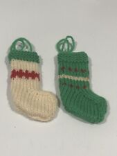 2 Vintage Miniature Christmas Stocking Ornaments Knit 1 White, 1 Green, Handmade picture